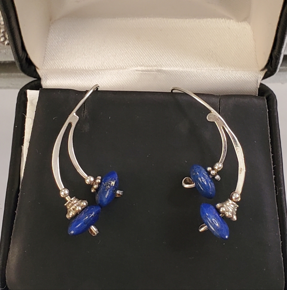 Elegant Sterling Silver and Oval Lapis Natural Stone Earrings.